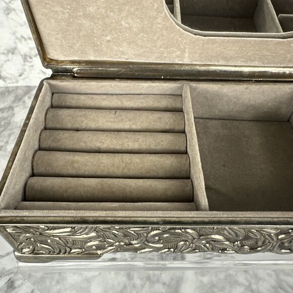 Vintage 1992 Godinger Silver Jewelry Box 9" X 3-7/8" Floral Vine High Relief - Picture 2 of 10